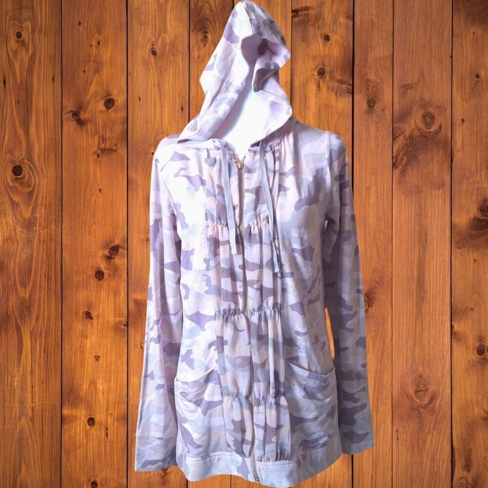 LOGO LOUNGE Size Small Full Zip Hooded Ruffle Accent Pink Camouflage Hoodie